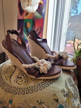 Armani Jeans Brown Leather & Cream Rope Wedge Platforms Sandals - Size 7